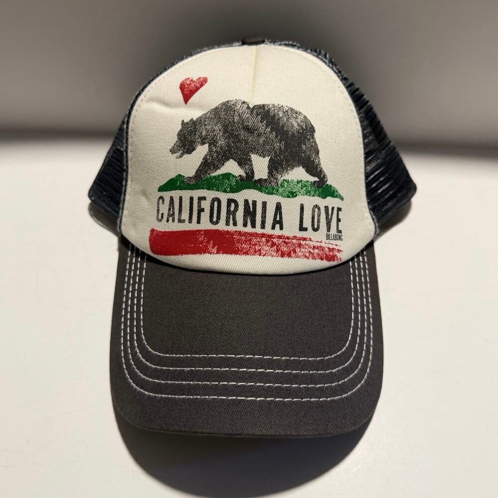 Billabong California Love Trucker Hat Gray White Mesh Snapback Bear Cap